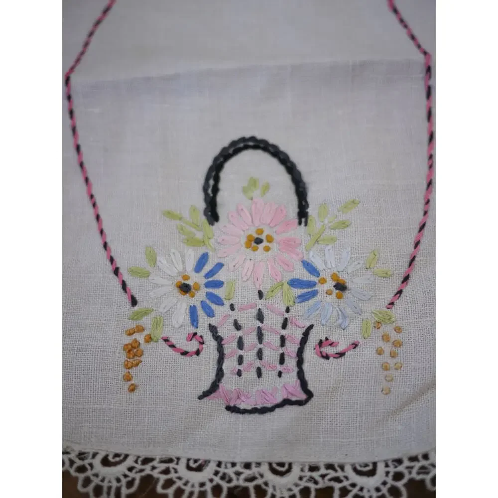 Vintage Antique HAND EMBROIDERED Granny Floral Basket Linen Lace DOILY 7